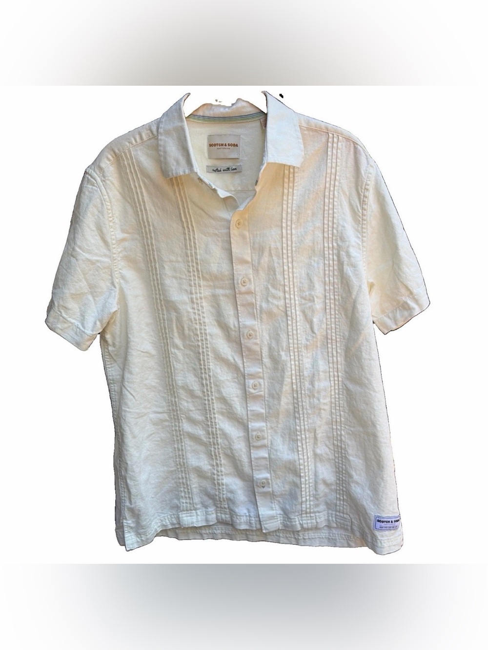 Scotch Soda Amsterdam Men Short Sleeve Button Up Shirt White Linen Blend M